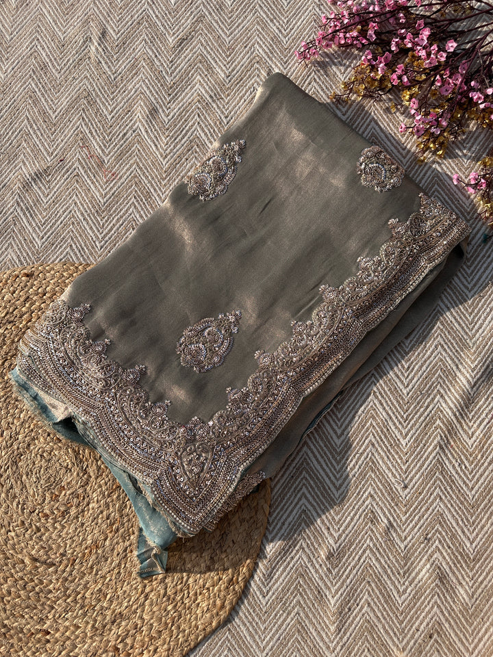 Sky Green Tissue Saree with Unstitched Blouse with Cutwork, Sequins, Cutdana and Dabka Embroidery 1