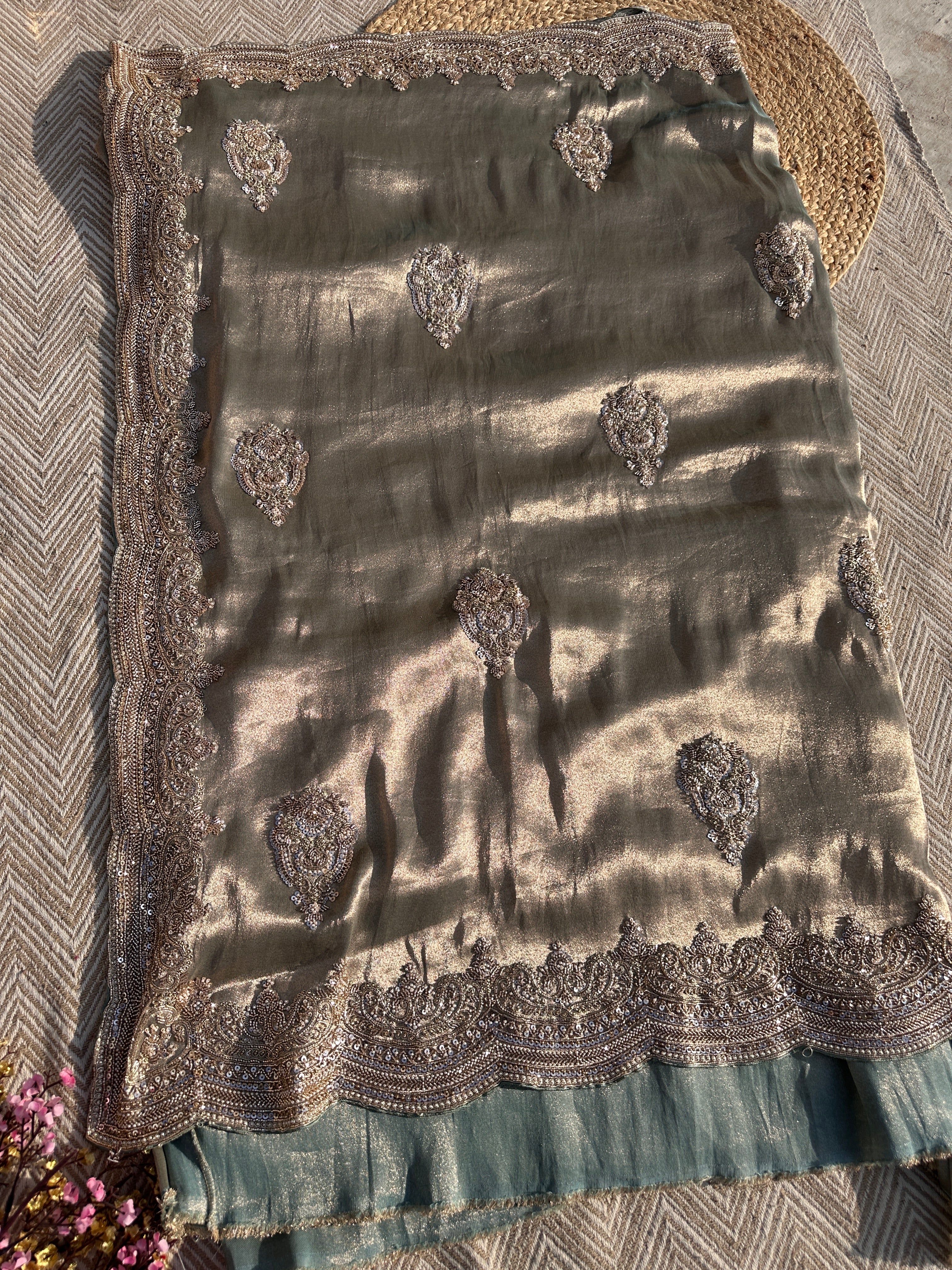 Sky Green Tissue Saree with Unstitched Blouse with Cutwork, Sequins, Cutdana and Dabka Embroidery 6