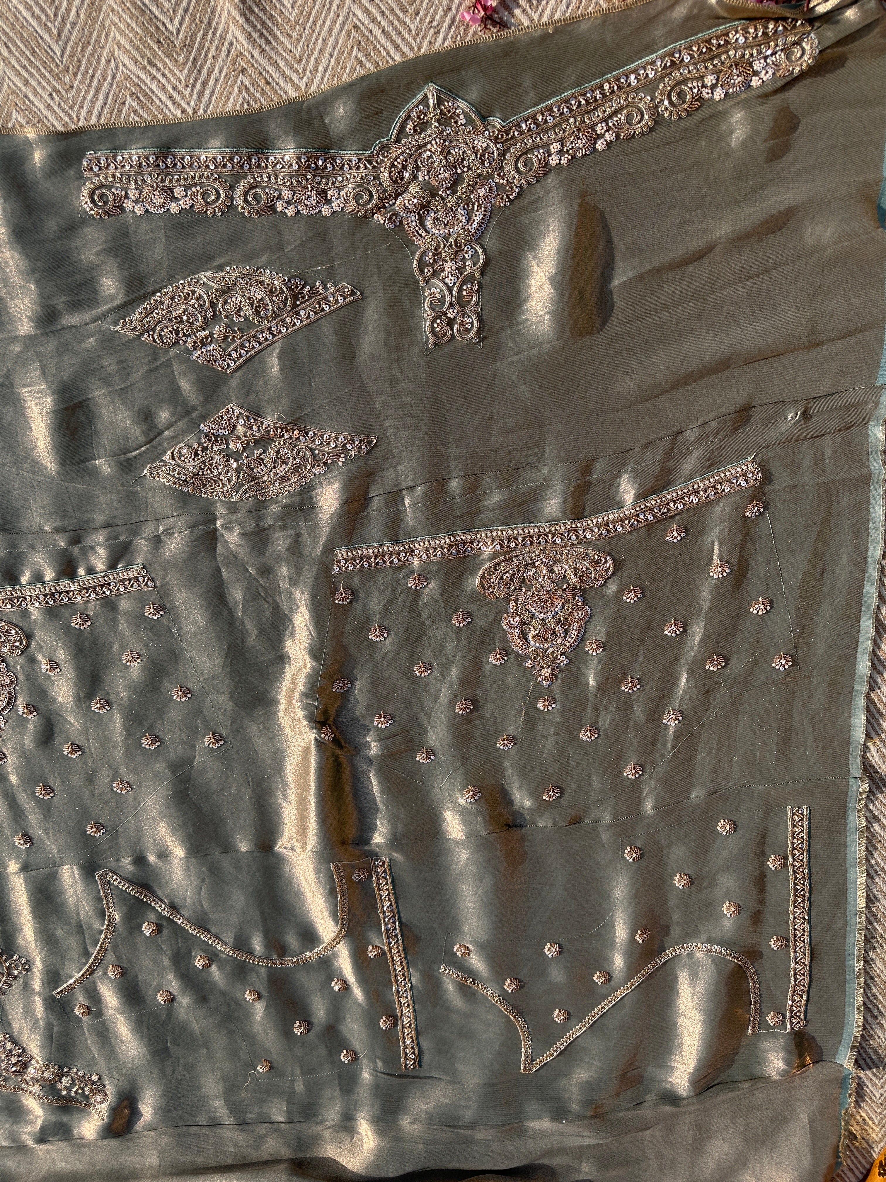 Sky Green Tissue Saree with Unstitched Blouse with Cutwork, Sequins, Cutdana and Dabka Embroidery 9