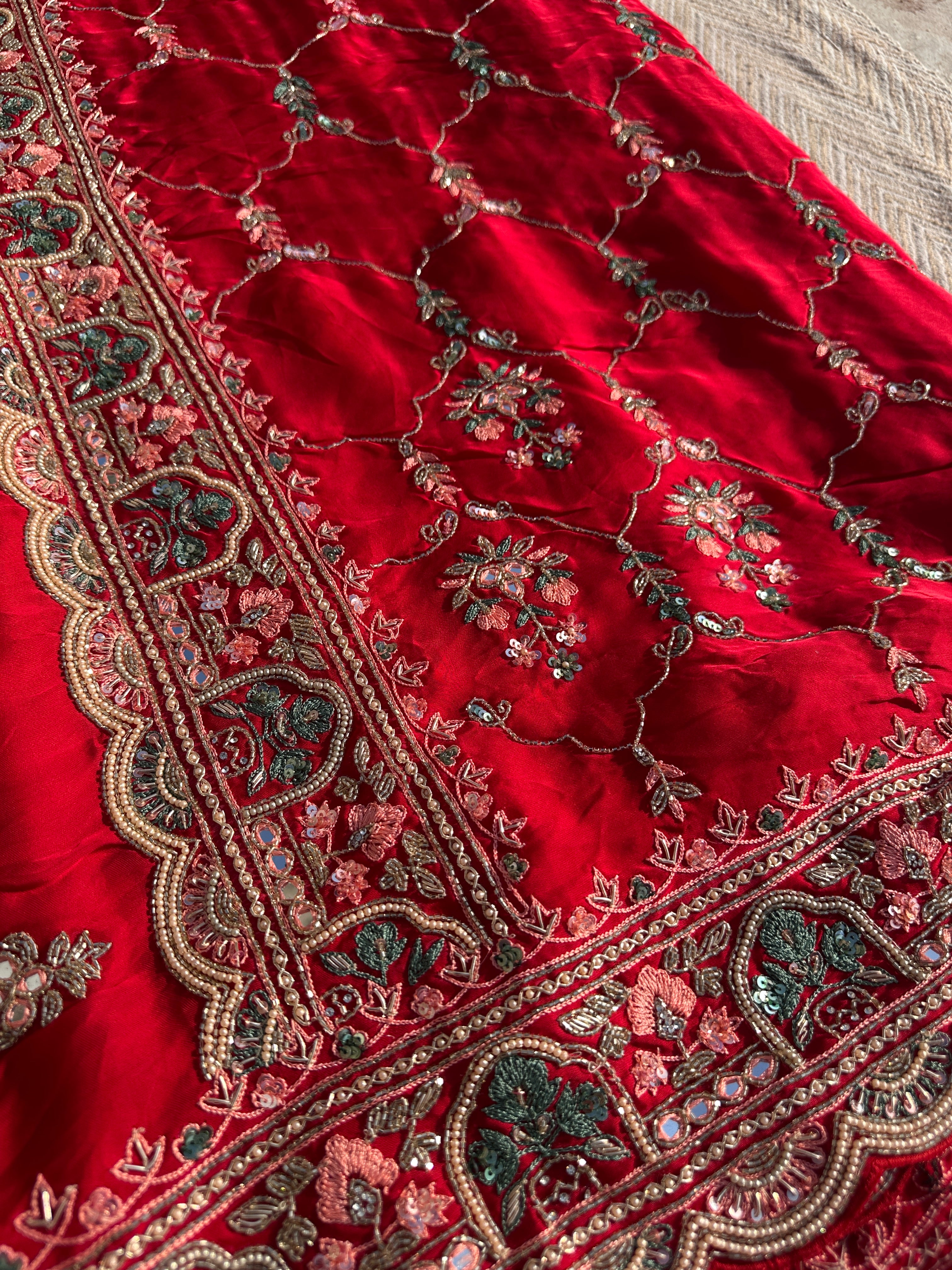 Red Tissue Saree with Unstitched Blouse with Thread, Dabka, Cutdana, Sequins, Mirror, Cutwork and Hand Work Embroidery 7