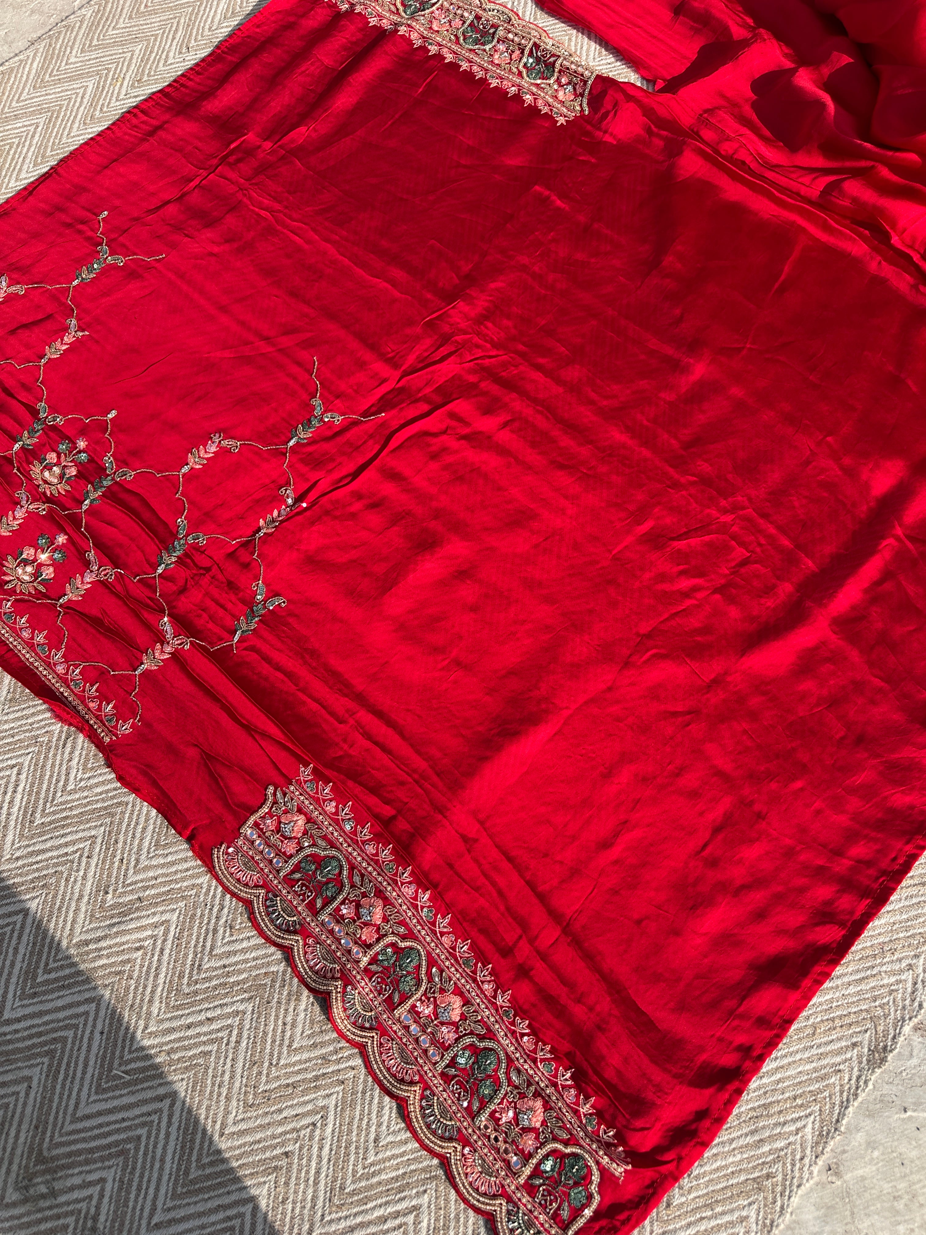 Red Tissue Saree with Unstitched Blouse with Thread, Dabka, Cutdana, Sequins, Mirror, Cutwork and Hand Work Embroidery 9
