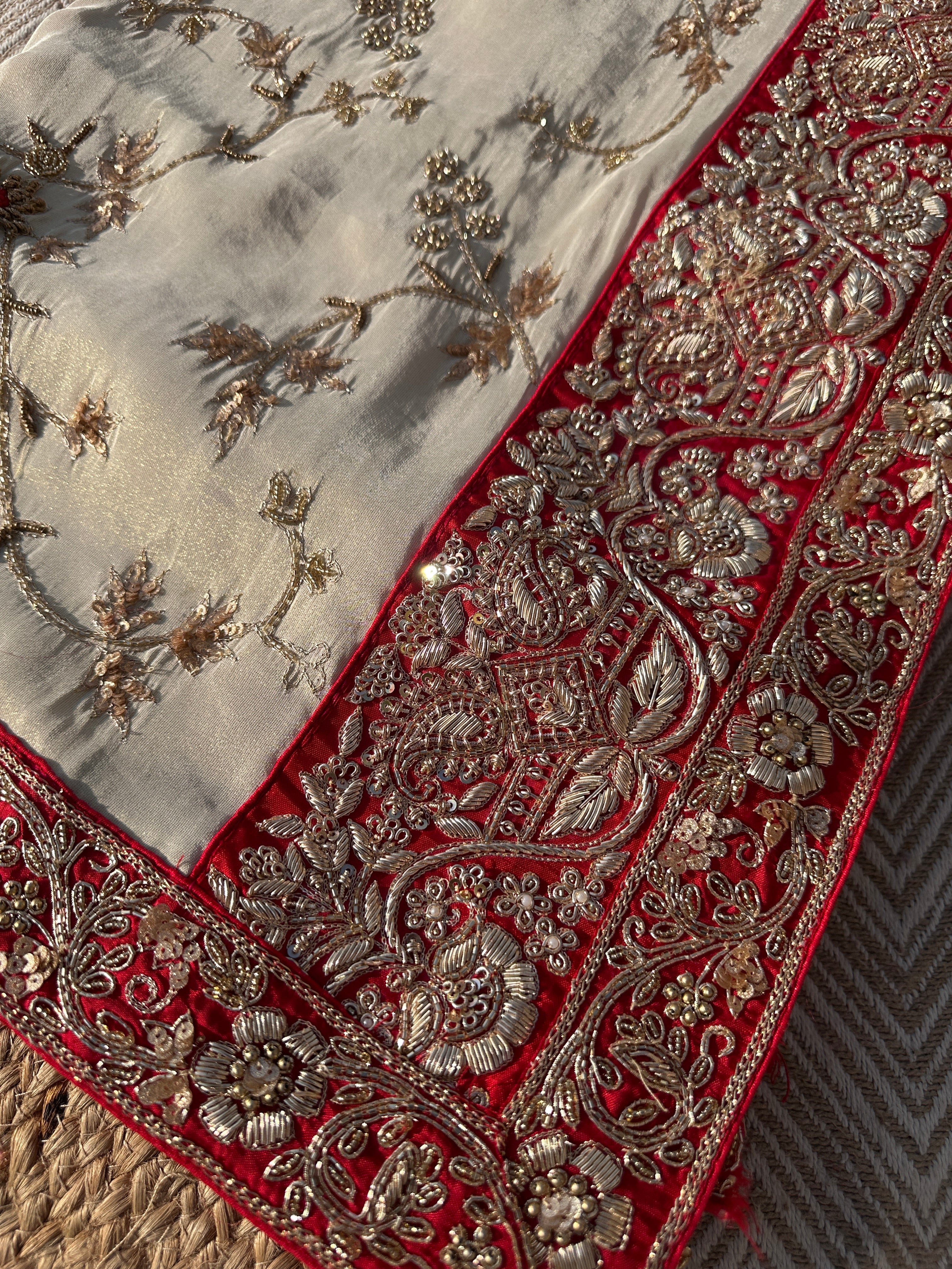 Cream Tissue Saree with Unstitched Blouse with Zari, Dabka, Sequins and Hand Work Embroidery 2