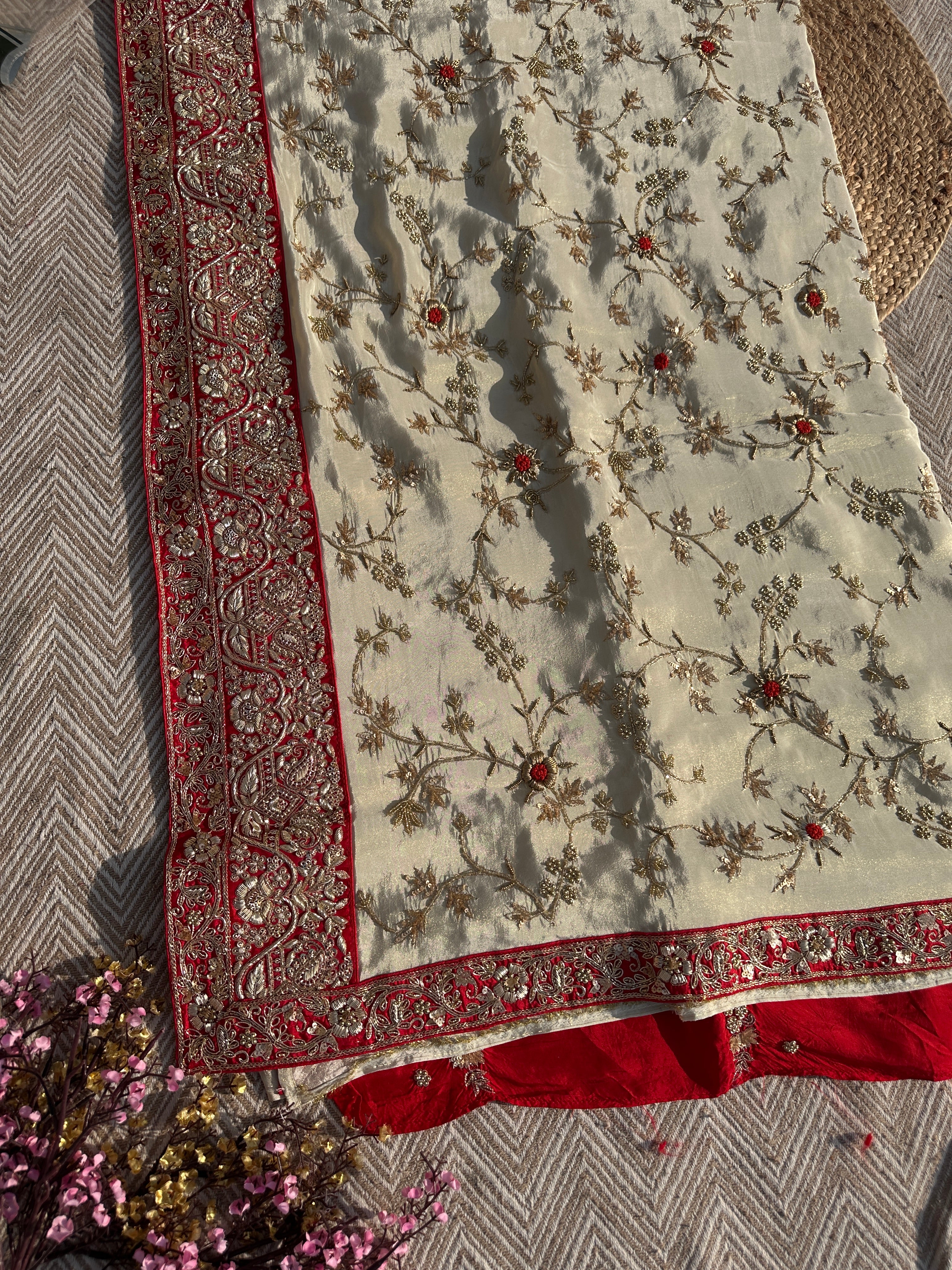 Cream Tissue Saree with Unstitched Blouse with Zari, Dabka, Sequins and Hand Work Embroidery 3