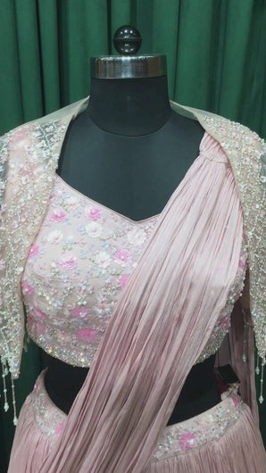 Lite Pink Chinon Crepe Lehenga With Sequins and Pearl Work