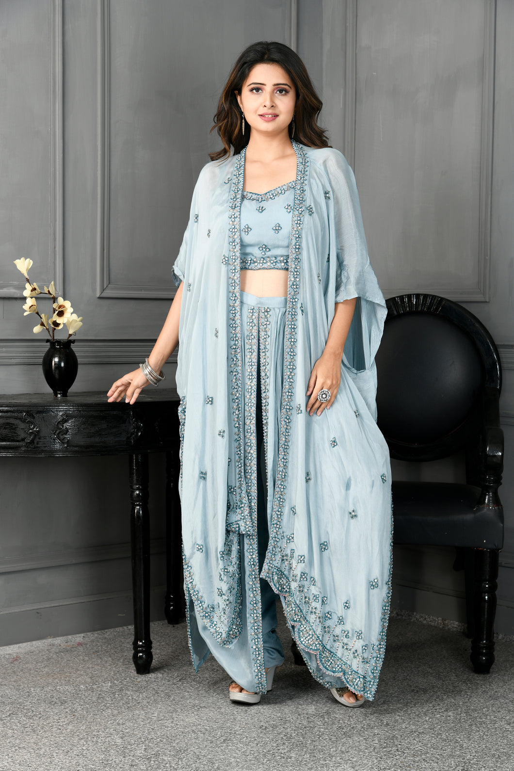Chinon Blouse and Dhoti with Beads Work and Jacket