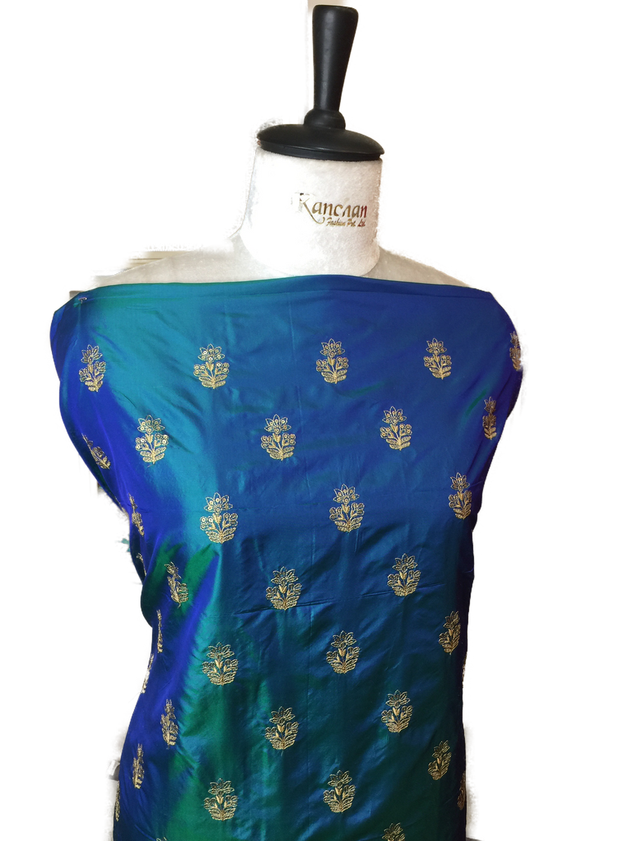 Buy Blue Pure Silk Unstitched Suit with Embroidery Online
