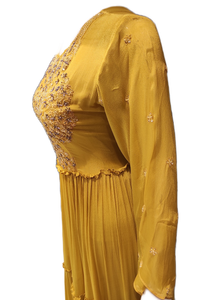 Yellow Chinon Indo Western Suit with Hand Work