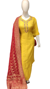 Yellow Chanderi Banarasi Semi Stitched Suit with Dupatta