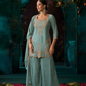 Dusty Sky Blue Chinon Suit Embellished With Cutdana & Sequins Work