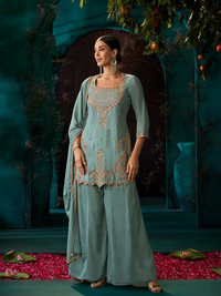 Dusty Sky Blue Chinon Suit Embellished With Cutdana & Sequins Work