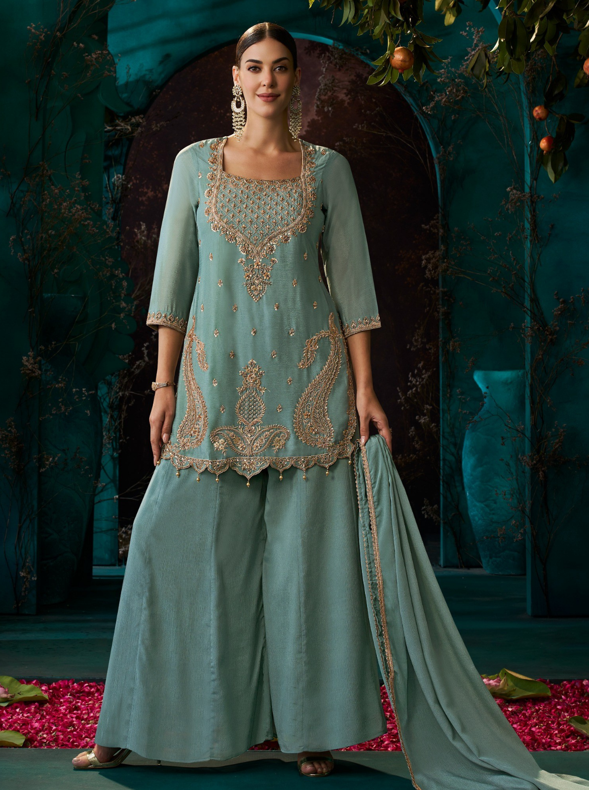 Dusty Sky Blue Chinon Suit Embellished With Cutdana & Sequins Work
