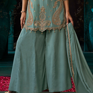 Dusty Sky Blue Chinon Suit Embellished With Cutdana & Sequins Work