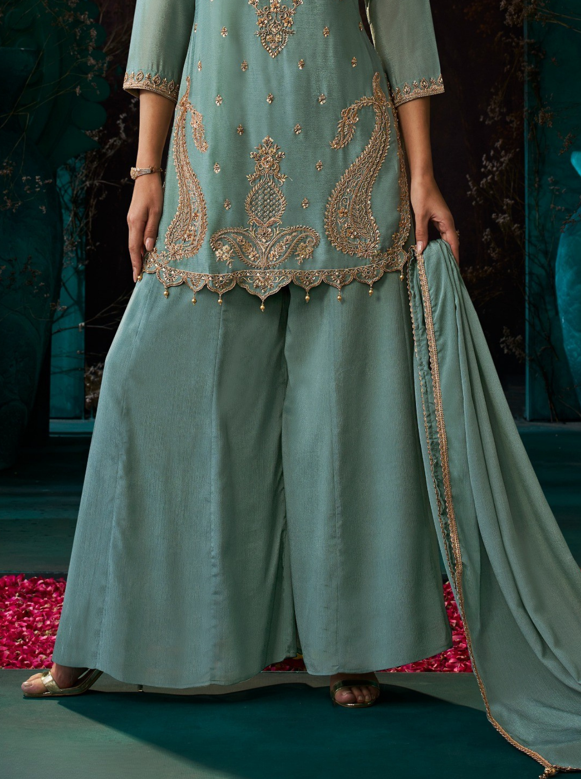 Dusty Sky Blue Chinon Suit Embellished With Cutdana & Sequins Work