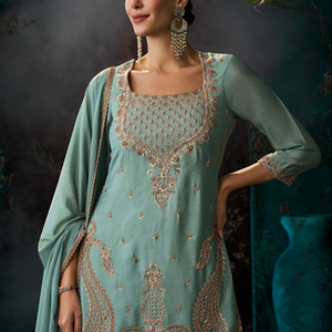 Dusty Sky Blue Chinon Suit Embellished With Cutdana & Sequins Work