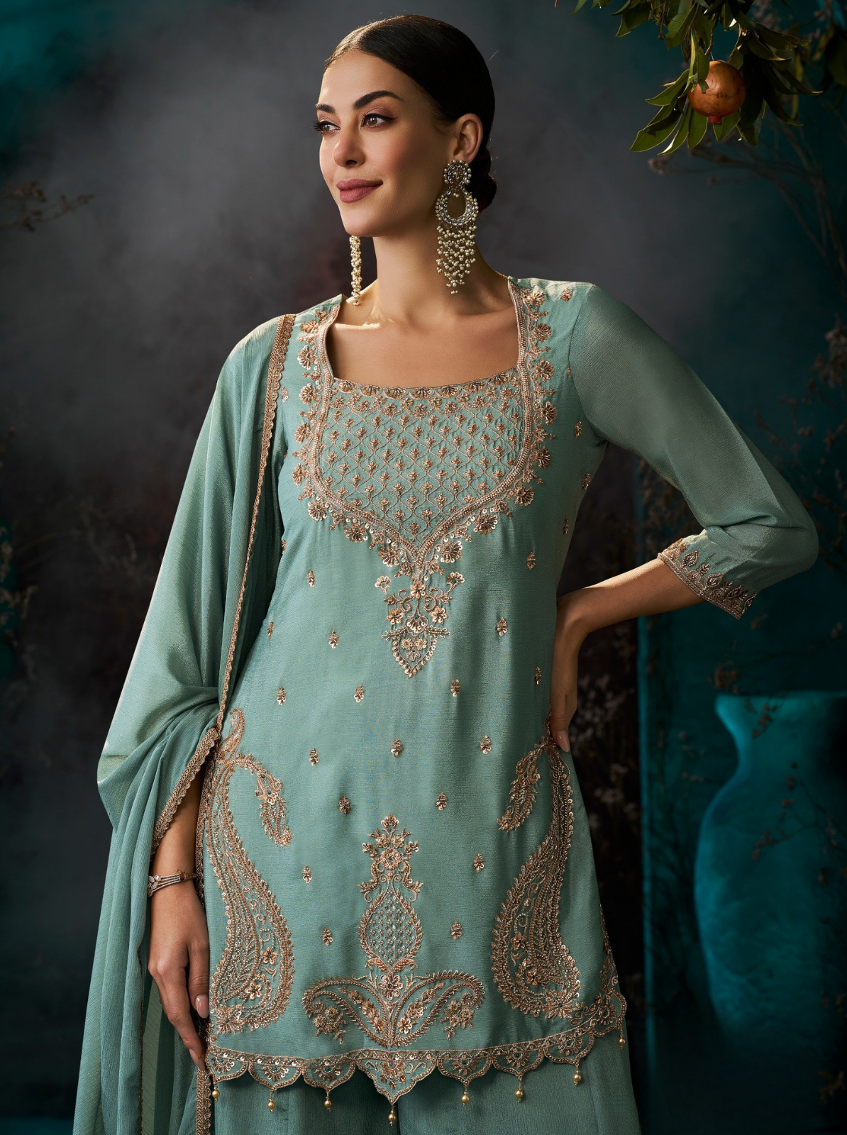 Dusty Sky Blue Chinon Suit Embellished With Cutdana & Sequins Work