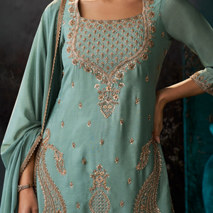 Dusty Sky Blue Chinon Suit Embellished With Cutdana & Sequins Work