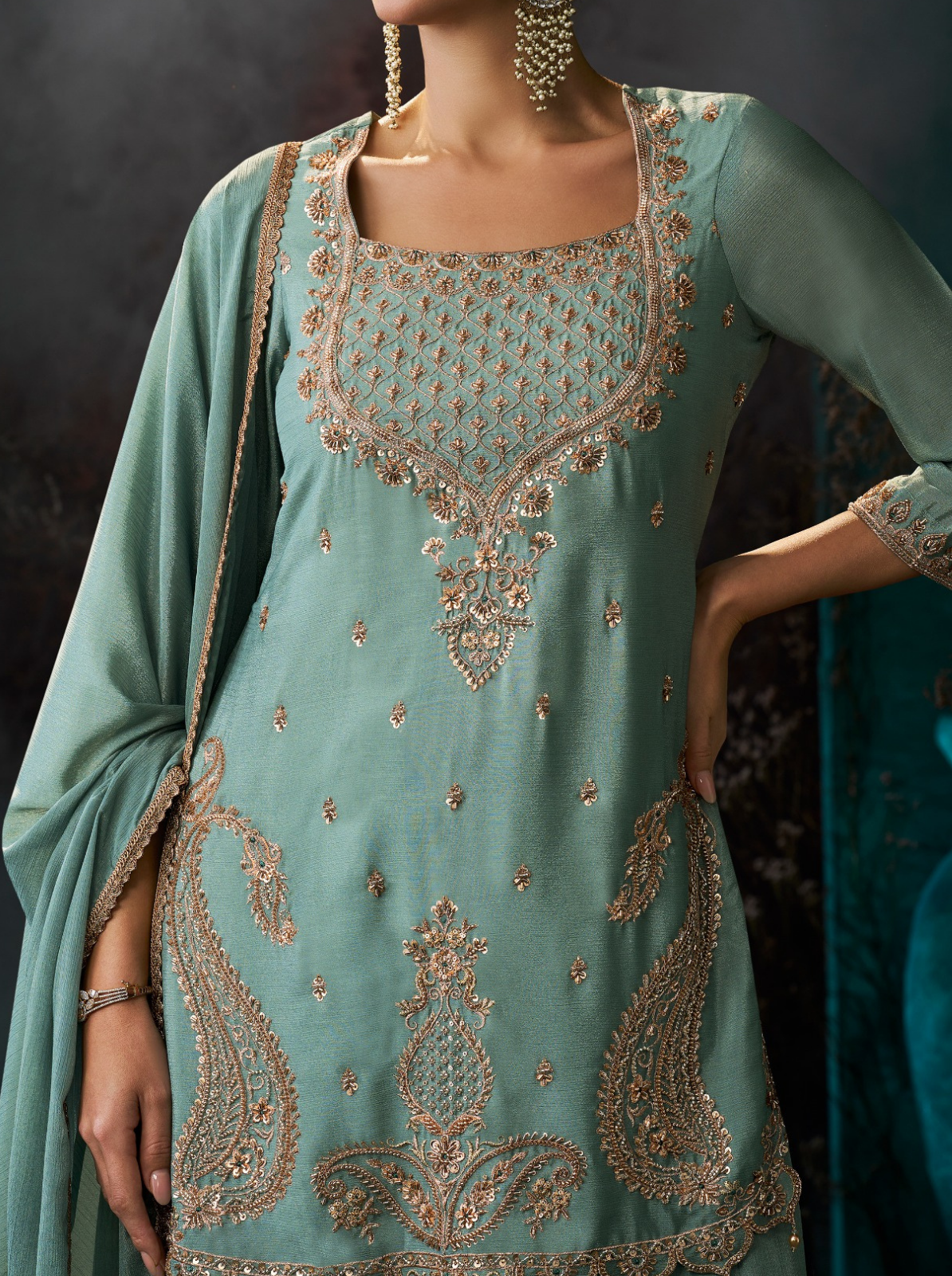 Dusty Sky Blue Chinon Suit Embellished With Cutdana & Sequins Work