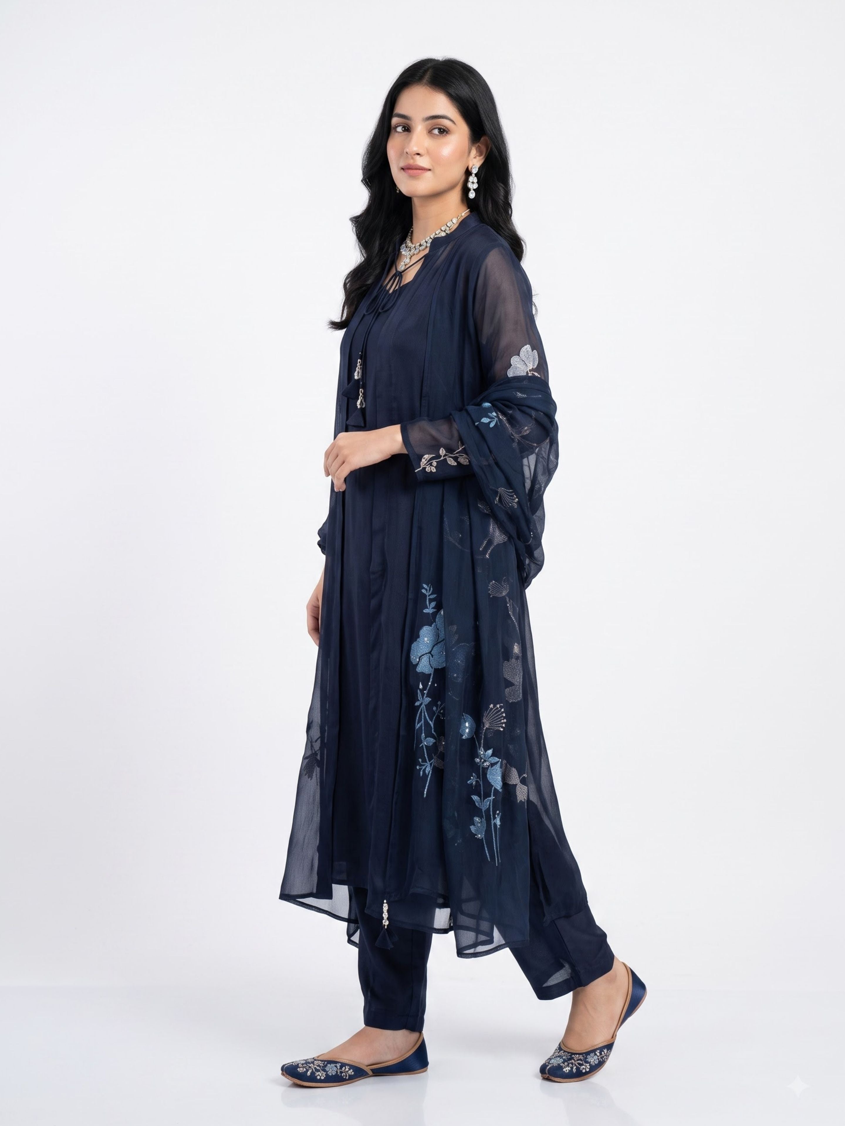 Navy Blue Chinon Suit Set with Zari and Sequins Embroidery 1