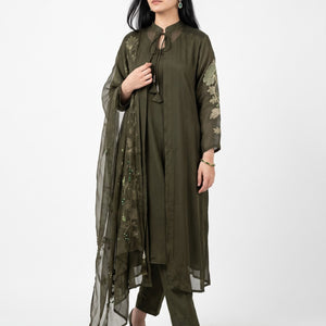 Olive Green Chinon Suit Set with Zari and Sequins Embroidery 1