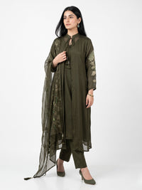 Olive Green Chinon Suit Set with Zari and Sequins Embroidery