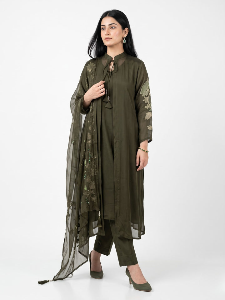 Olive Green Chinon Suit Set with Zari and Sequins Embroidery 1