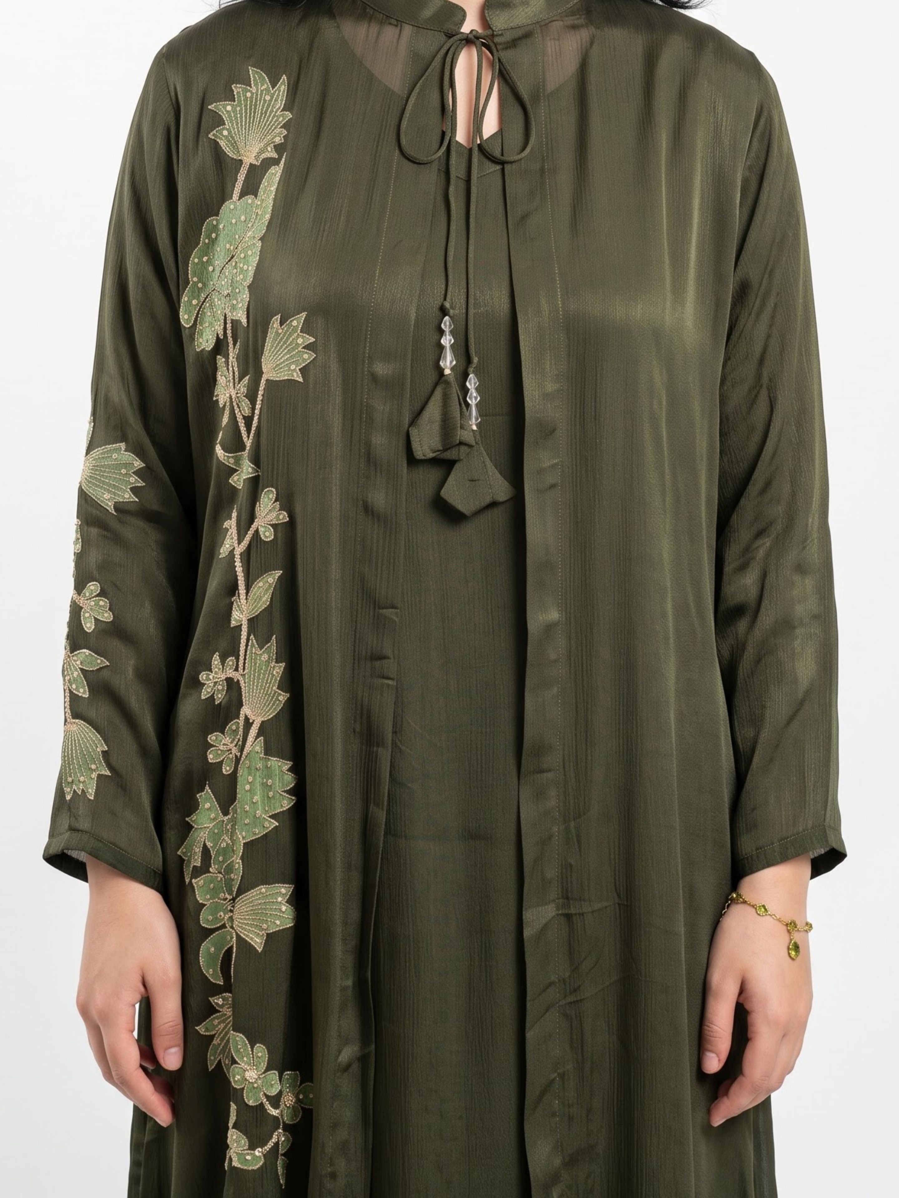 Olive Green Chinon Suit Set with Zari and Sequins Embroidery 2