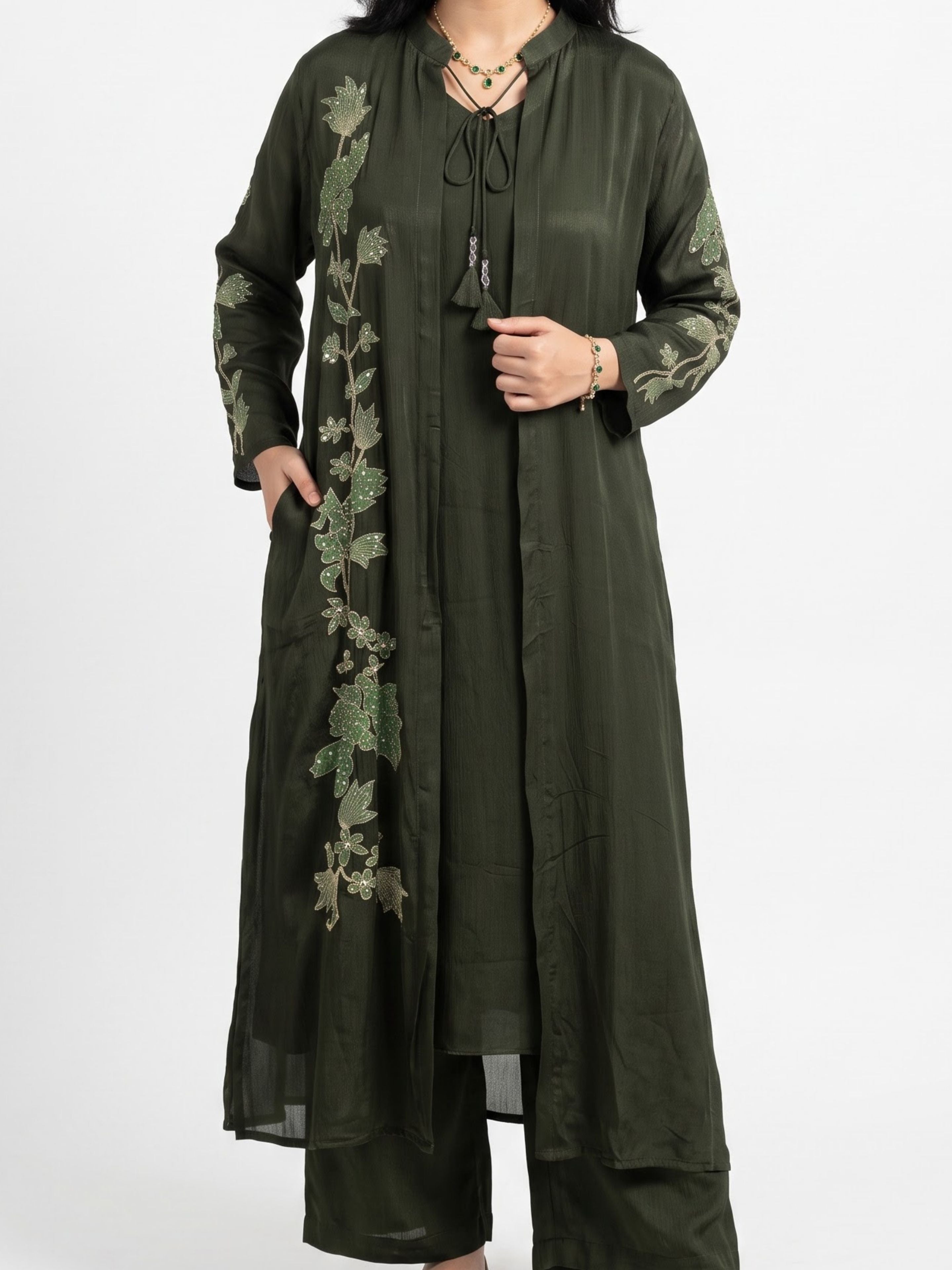 Olive Green Chinon Suit Set with Zari and Sequins Embroidery 3