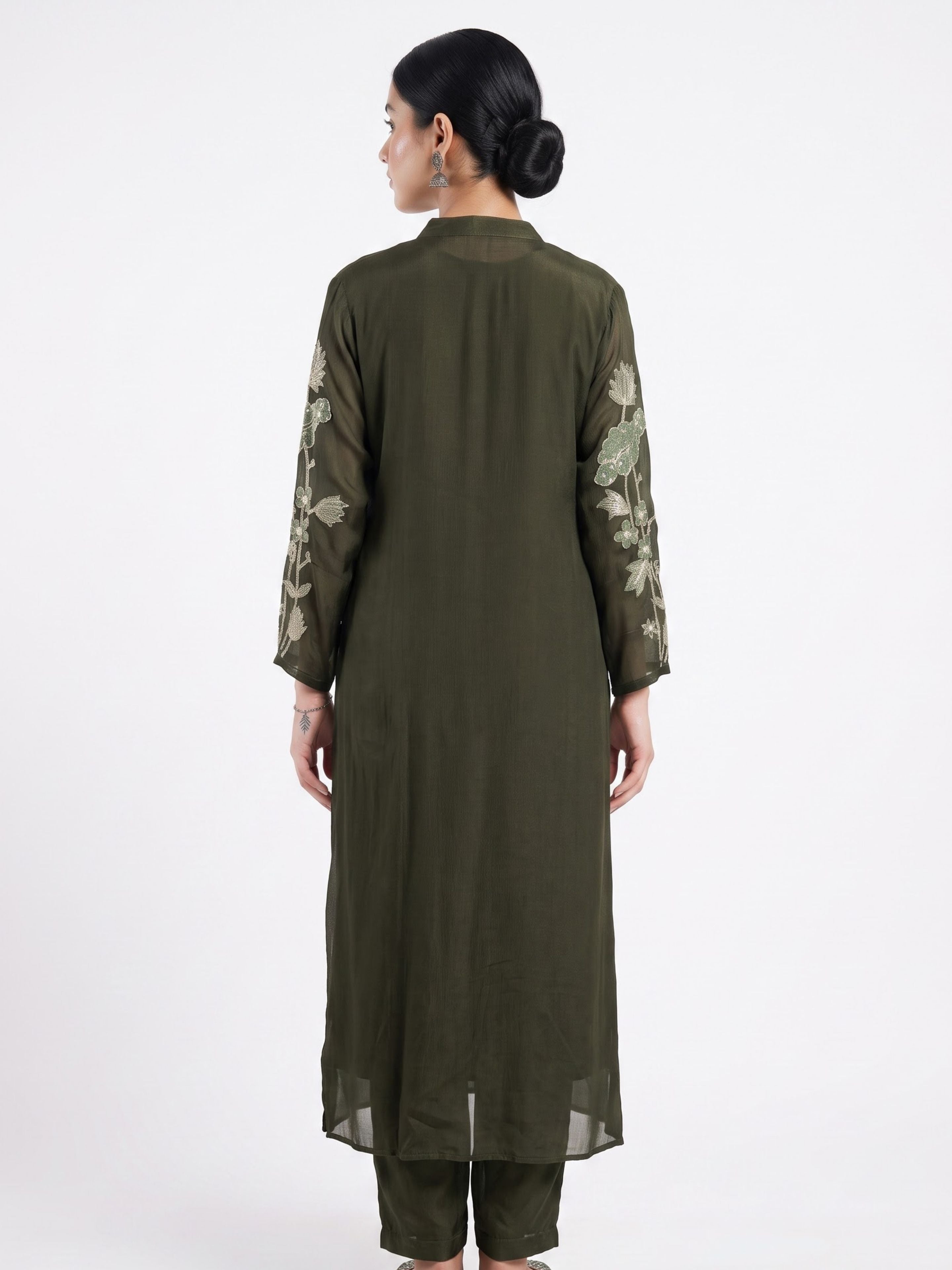 Olive Green Chinon Suit Set with Zari and Sequins Embroidery 4