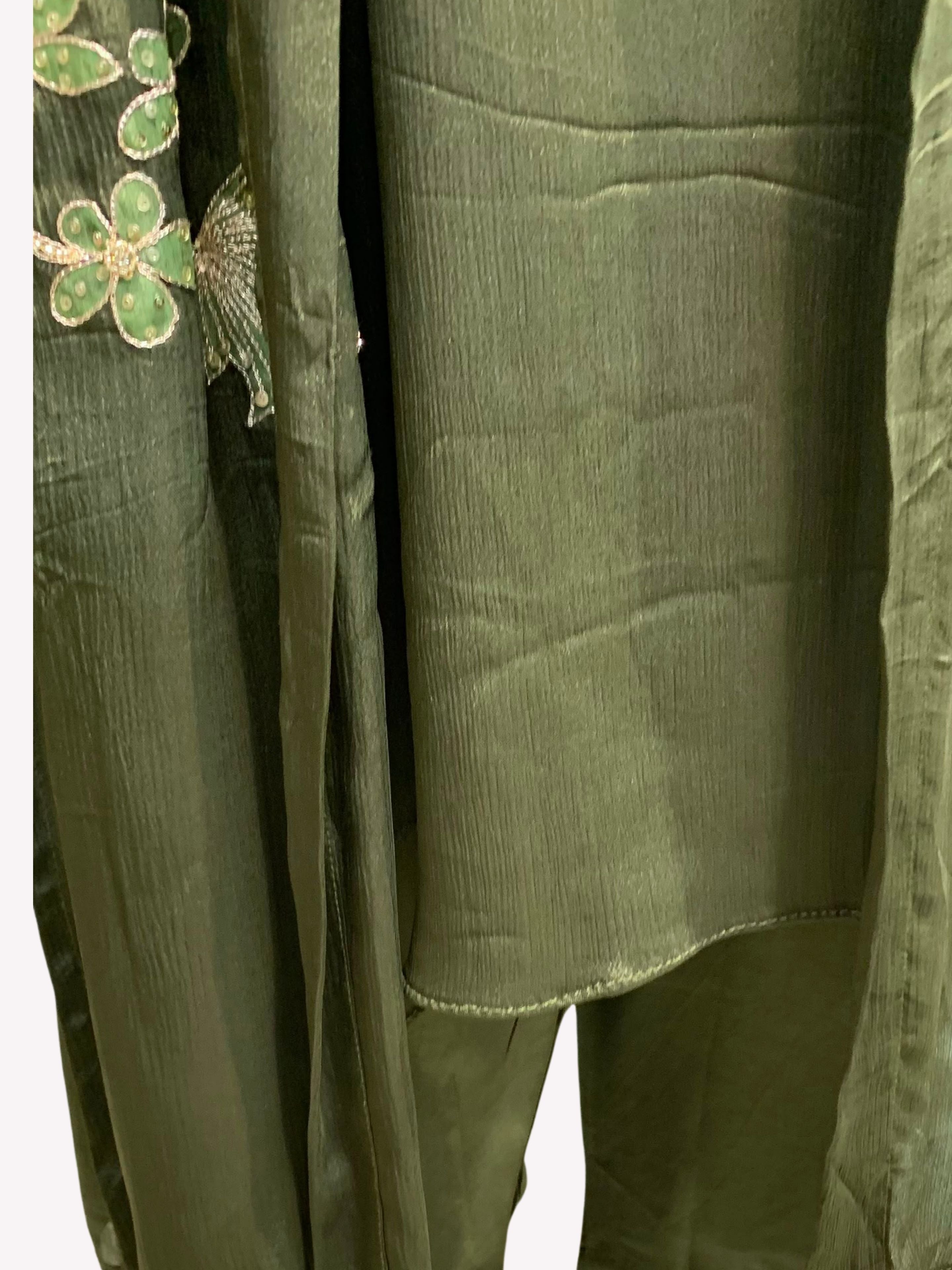 Olive Green Chinon Suit Set with Zari and Sequins Embroidery 5
