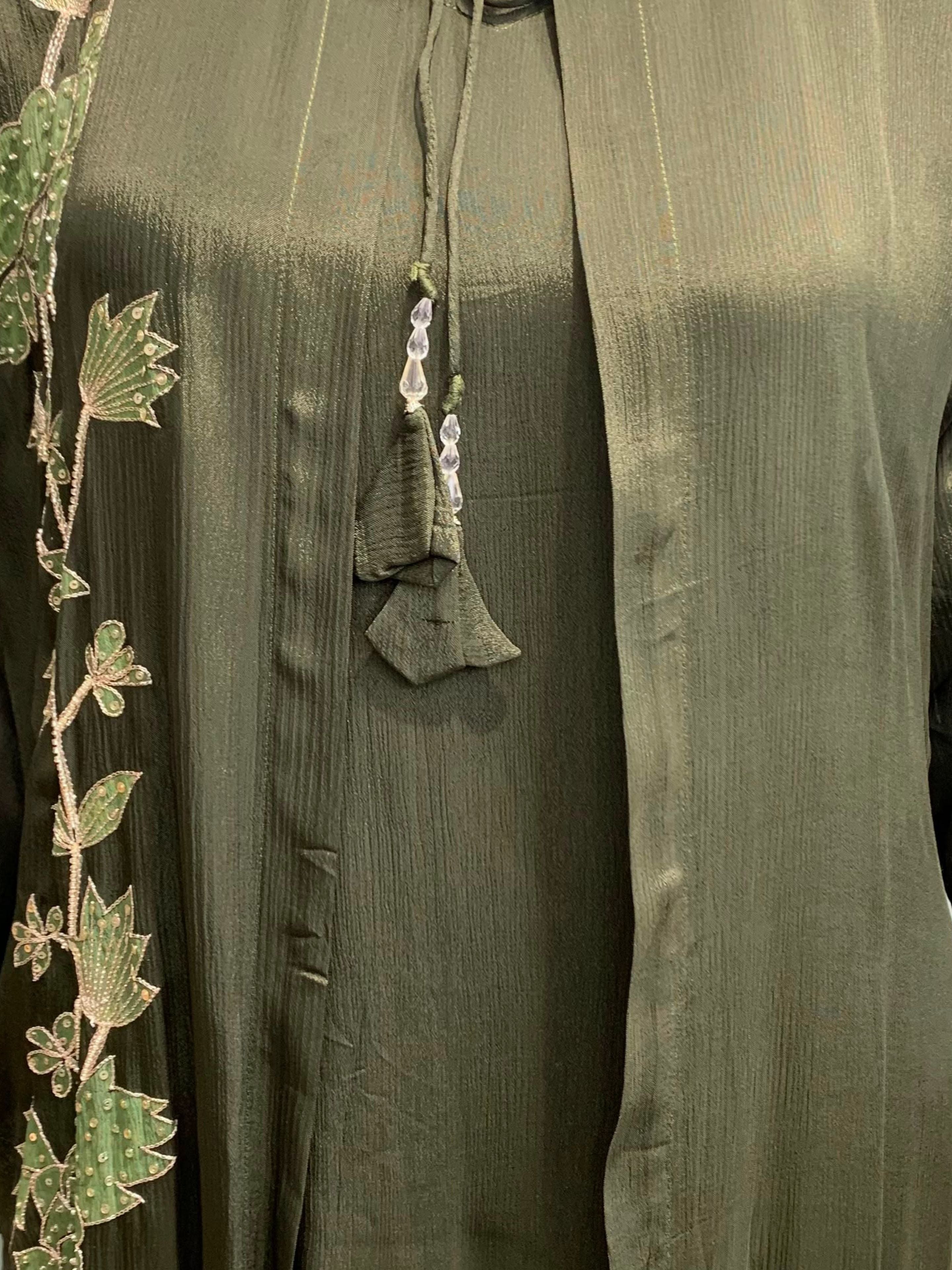 Olive Green Chinon Suit Set with Zari and Sequins Embroidery 6