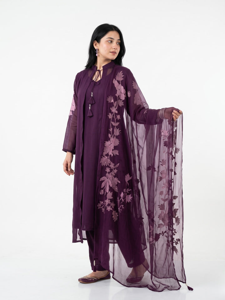 Purple Chinon Suit Set with Zari and Sequins Embroidery 1