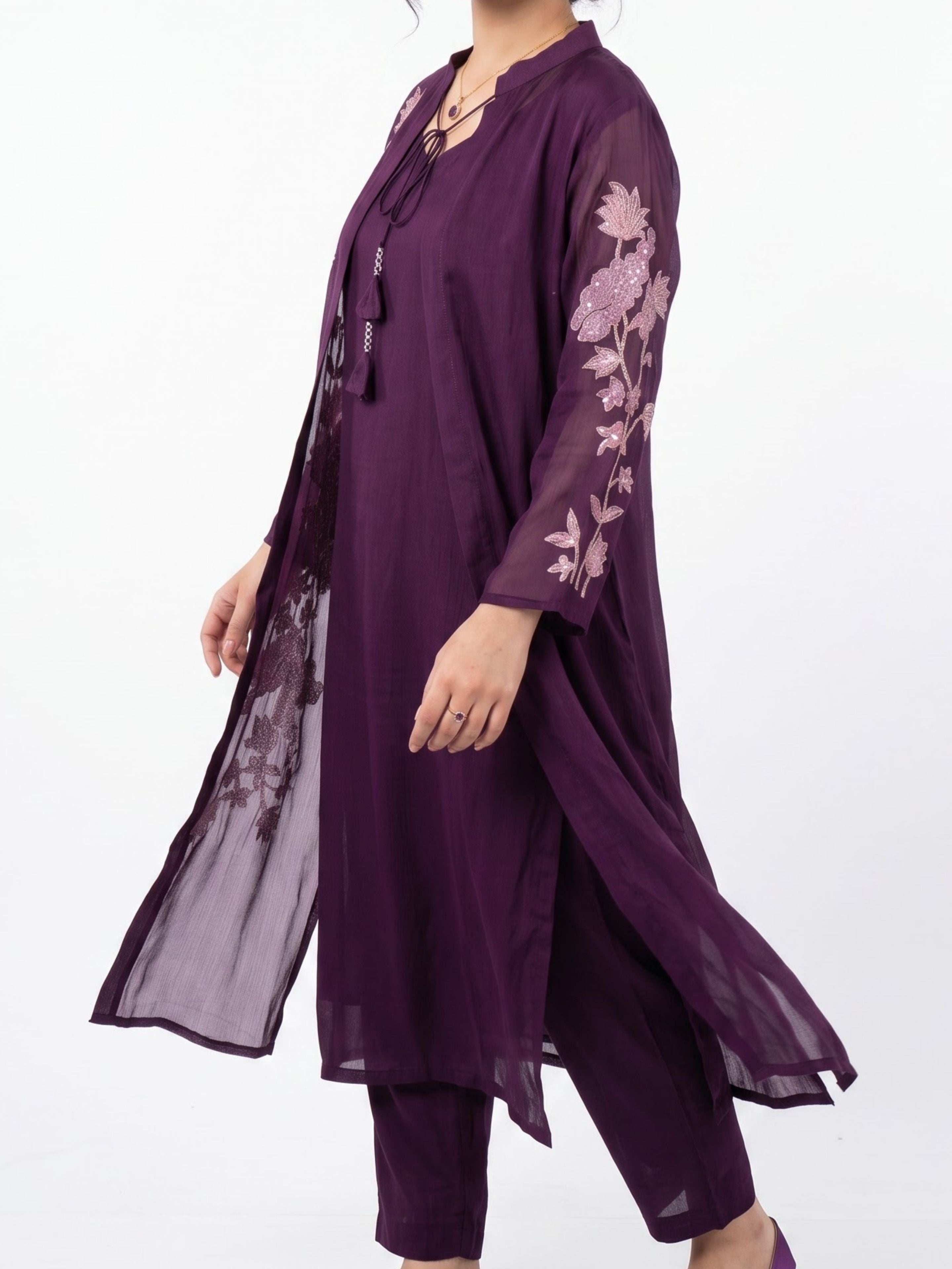 Purple Chinon Suit Set with Zari and Sequins Embroidery 2