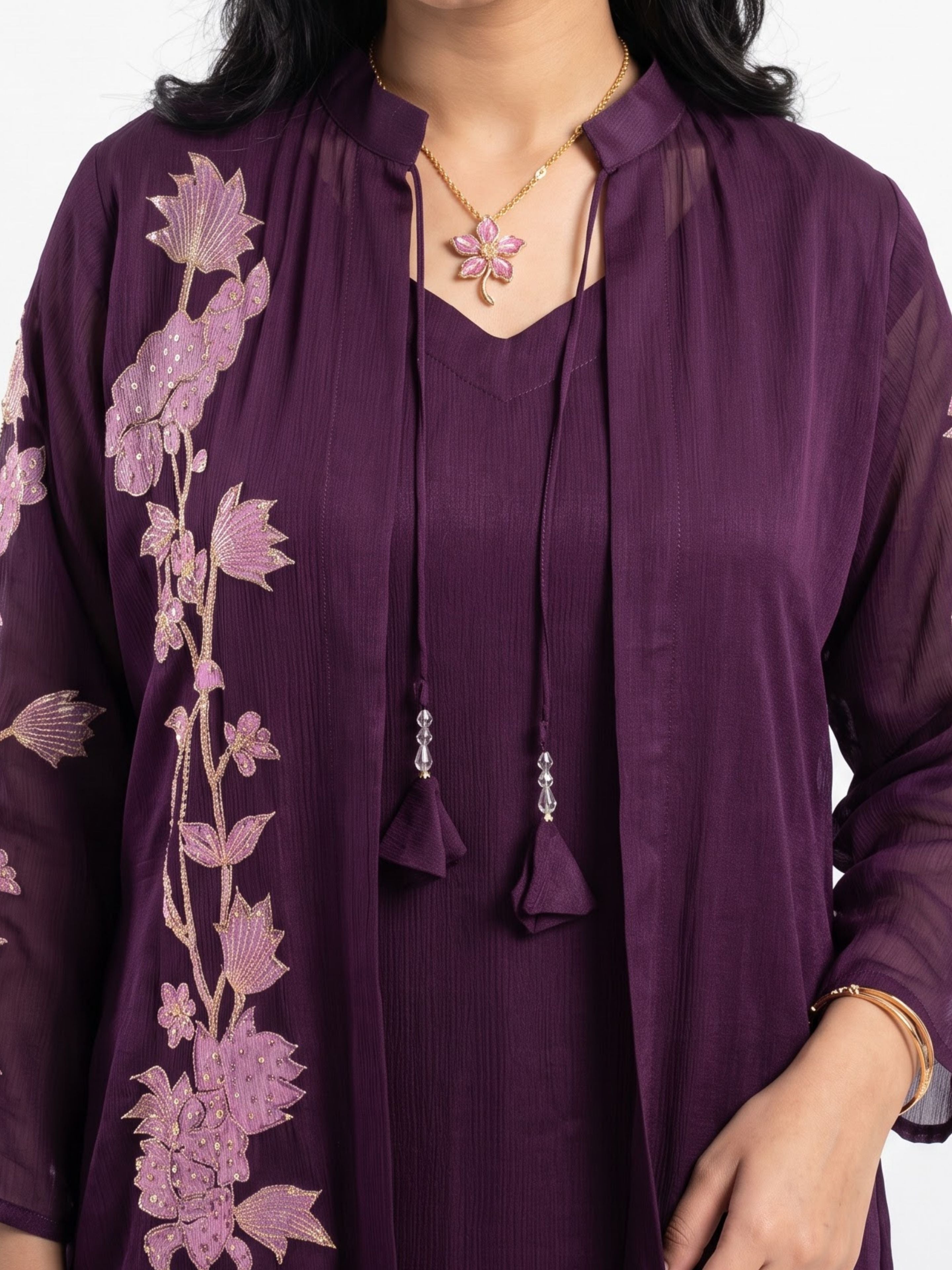 Purple Chinon Suit Set with Zari and Sequins Embroidery 5