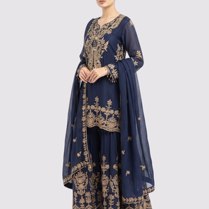 Navy Blue Chinon Suit with Cutdana Embroidery 1