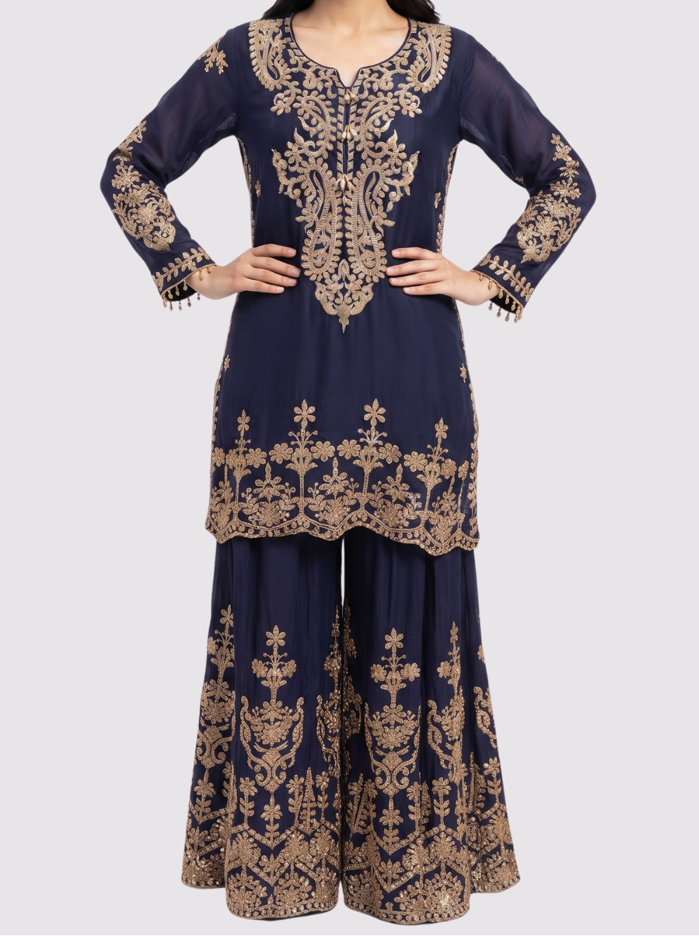 Navy Blue Chinon Suit with Cutdana Embroidery 2