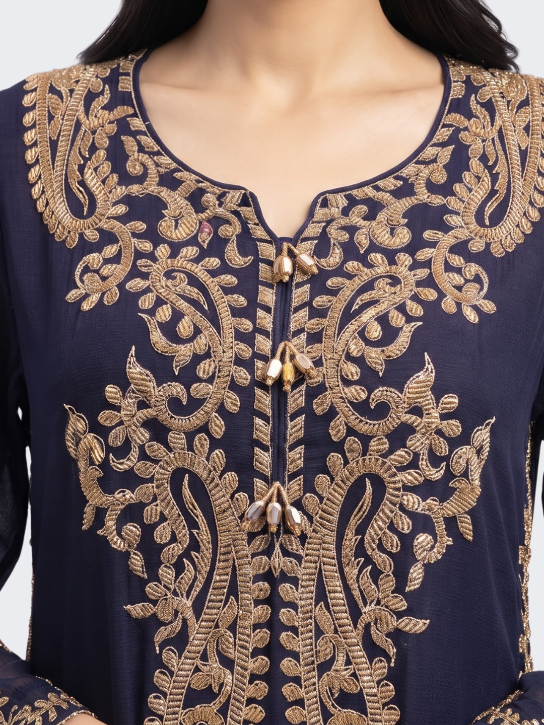 Navy Blue Chinon Suit with Cutdana Embroidery 3