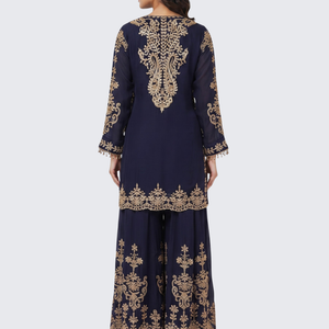Navy Blue Chinon Suit with Cutdana Embroidery 4