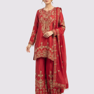 Red Chinon Suit with Cutdana Embroidery 1