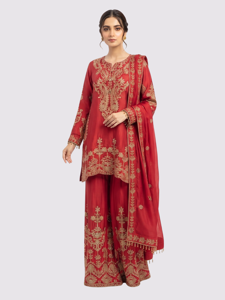Red Chinon Suit with Cutdana Embroidery 1