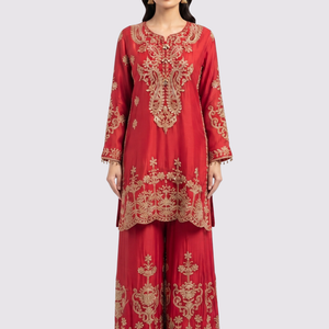 Red Chinon Suit with Cutdana Embroidery 2