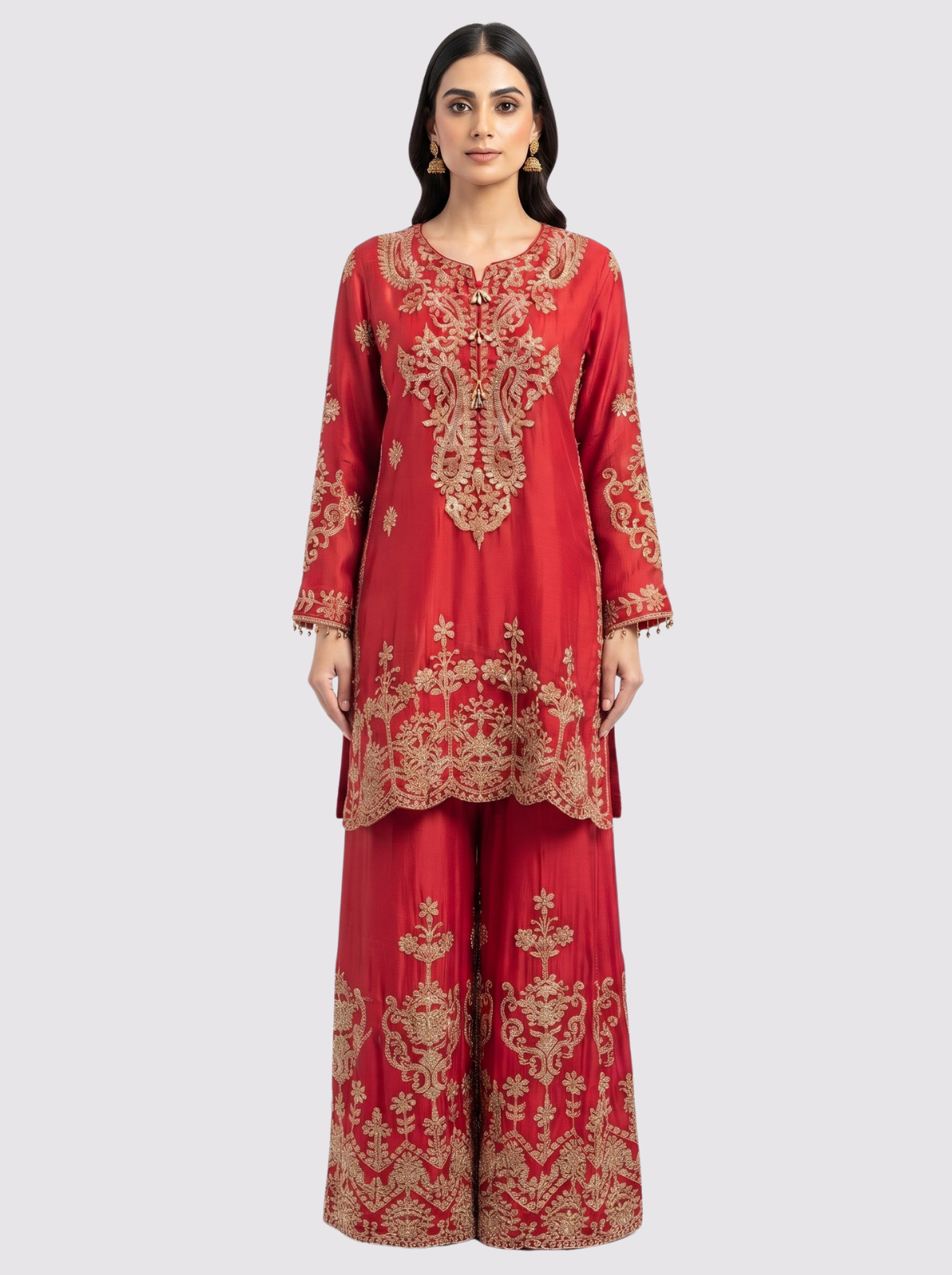 Red Chinon Suit with Cutdana Embroidery 2