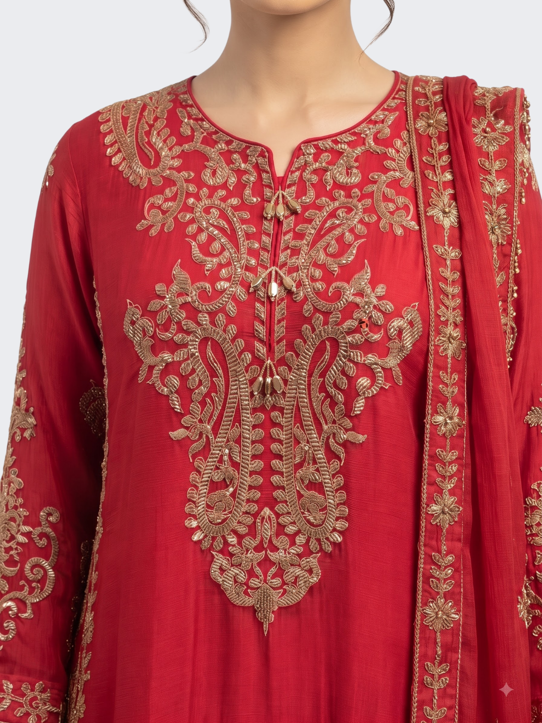 Red Chinon Suit with Cutdana Embroidery 3
