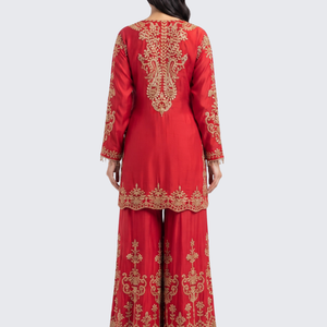 Red Chinon Suit with Cutdana Embroidery 4
