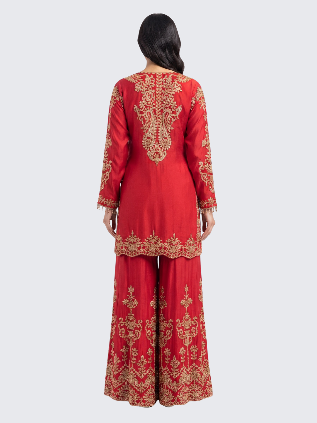 Red Chinon Suit with Cutdana Embroidery 4