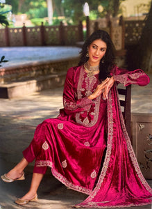 Rani Velvet Unstitched Suit With Golden Zari Embroidery
