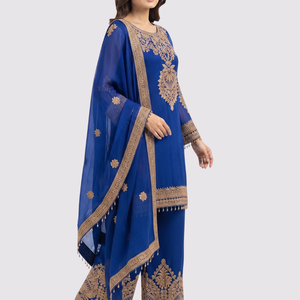 Royal Blue Chinon Suit with Cutdana Embroidery 1