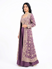 Mauve Chinon Crop Top, Skirt and Shrug with Thread and Pearl Embroidery