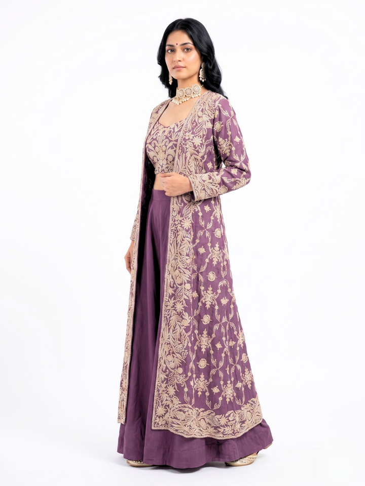 Mauve Chinon Indo Western with Thread and Pearl Embroidery 1