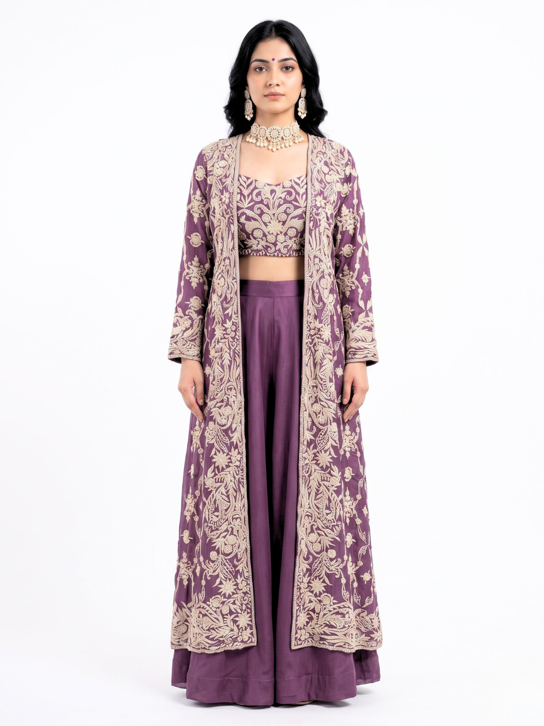Mauve Chinon Indo Western with Thread and Pearl Embroidery 2