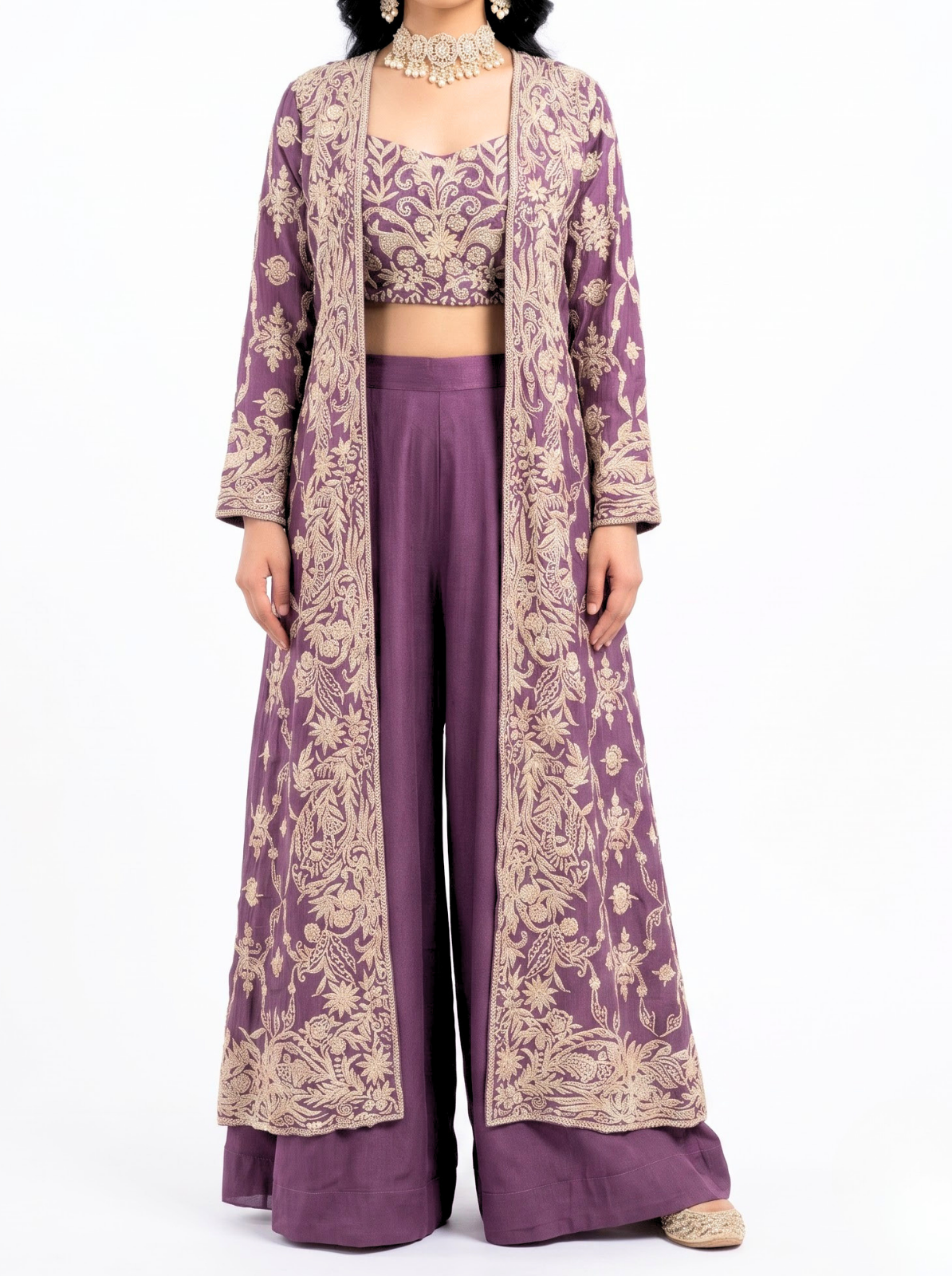 Mauve Chinon Indo Western with Thread and Pearl Embroidery 3